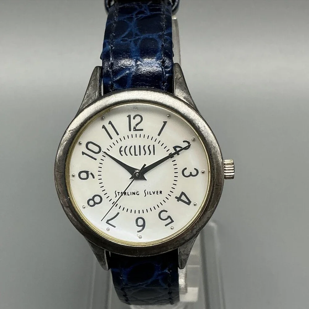 Ecclissi 23182 Womens Watch 29mm Sterling Silver Blue Leather New Battery